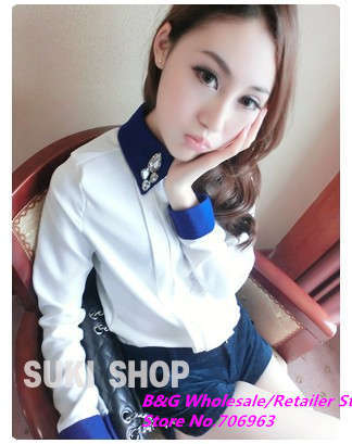 Free shipping,2013 Korean women lapel diamond embellishment hit color sweet long sleeve turn-down collar top shirts/blouse,G6089