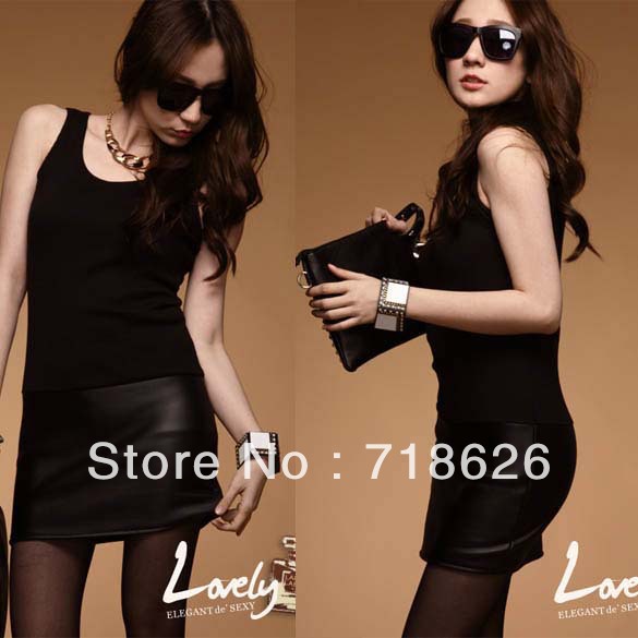 Free shipping 2013 Korean Women summer clothing new thread vest sexy leather dress black color W10879