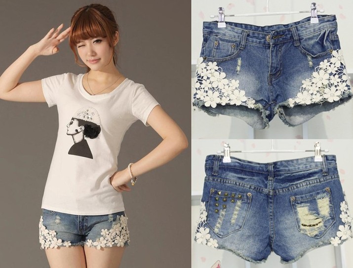 Free Shipping 2013 Lace Hole casual women Jeans short rivet loose denim Jeans Shorts Torn pants S/M/L/XL