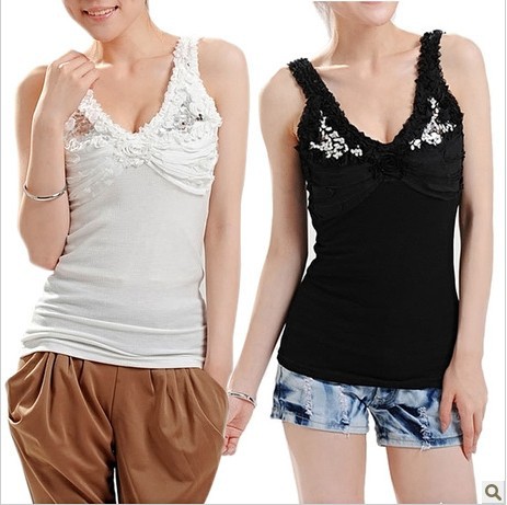 Free Shipping 2013  Lace Paillette Vest Basic Shirt Women Spring and Summer Slim Spaghetti Strap Vest Tank Tops-T054