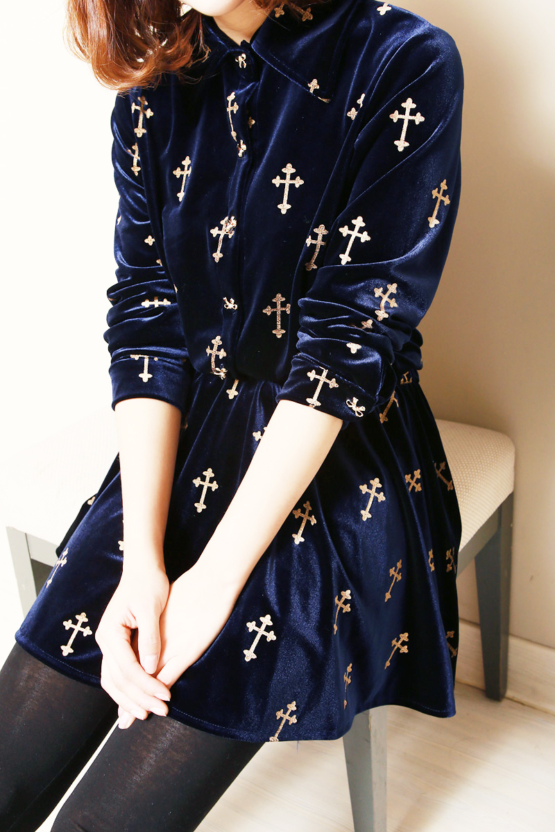 Free shipping 2013 ladies' cross print velvet long-sleeve all-match one-piece dress/ turn-down collar dress