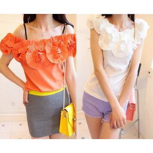 free shipping 2013 ladies large three-dimensional flower strapless chiffon aesthetic short-sleeve shirt top t-shirt women's