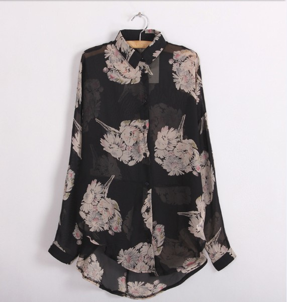 Free shipping!2013 Ladies Vintage European casual floral long sleeve blouse tops lapel chiffon sheer shirts women,S M L,LF1222