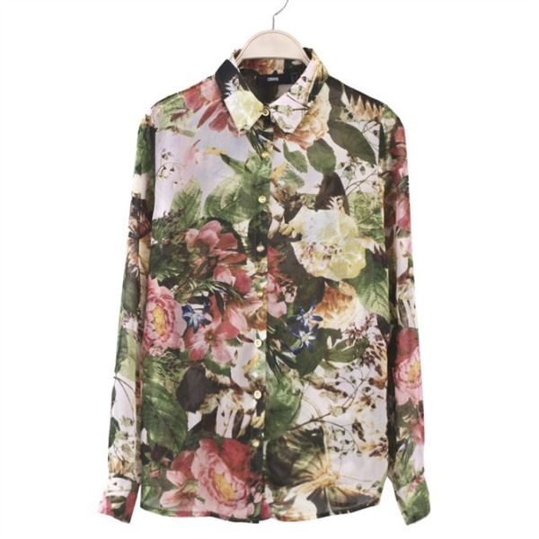 Free shipping!2013 Ladies Vintage European casual floral long sleeve blouse tops lapel chiffon shirts women,S M L,LF1228