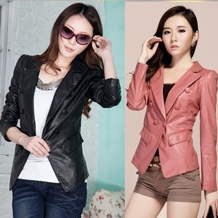 Free shipping-2013 latest  Fashion Women PU Leather Blazer Jacket Motorcycle Biker Coat Black pink