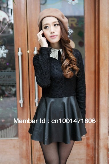 Free shipping-2013 lovely beautiful Lapel nail bead lace stitching PU leather skirt dress