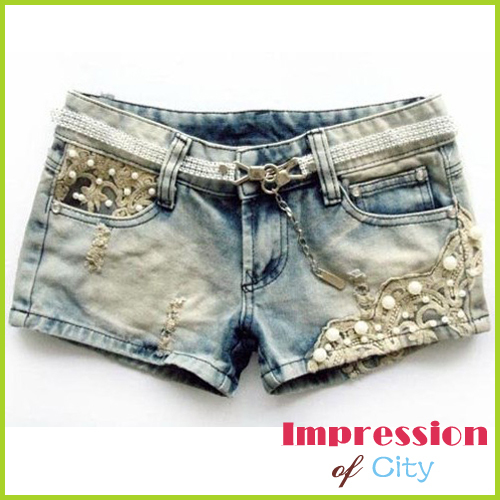 Free Shipping 2013 Low Waist Lace Beading Hole Denim Shorts Short Pants Wholesale 3203