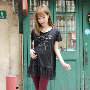 Free Shipping 2013 maternity clothing black shirt faux two piece summer maternity bow short-sleeve top 3b