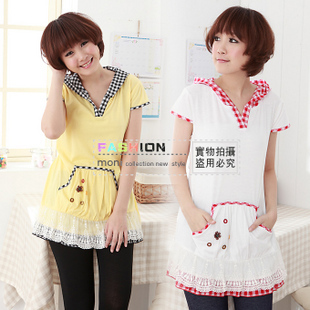 Free shipping 2013 maternity clothing lace decoration short-sleeve maternity shirt big pocket with a hood maternity top