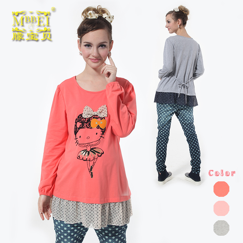 Free Shipping 2013 maternity clothing spring maternity cartoon o-neck pink maternity clothing top 1528