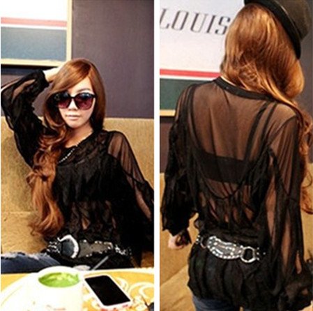 Free Shipping 2013 New Arrival Beautiful Kelp Leather Transparent Sexy Gauze Lace Shirt/Blouses 3030FWG