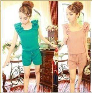 Free Shipping 2013 New Arrival DD Women's Charming Double Flower Fashion Chiffon Sleeveless Romper Strap Short Jumpsuit