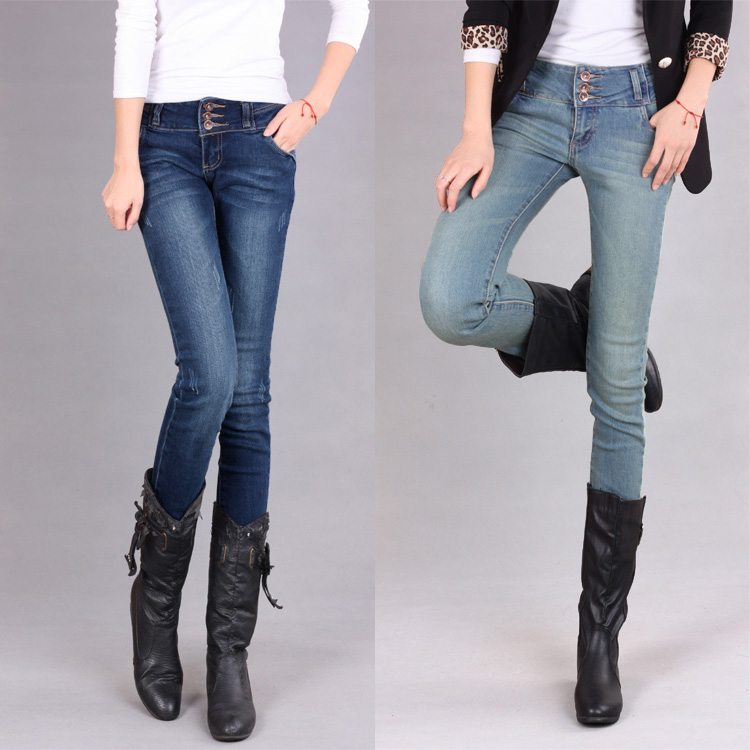 Free shipping 2013 new arrival denim jeans buttons skinny pencil pants casual mid waist female long trousers multi-button