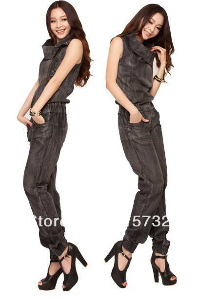 Free Shipping 2013 New Arrival Fashion Jeans Jumpsuit Women 2013 Sleeveless Romper Female Denim  One piece Suspenders Trousers