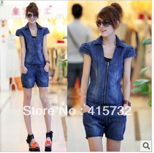 Free Shipping 2013 New Arrival Fashion Summer Jeans Shorts For Women V-neck Short Sleeve Denim Jumpsuit Overalls With Zipper