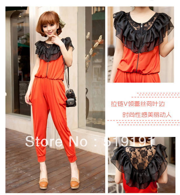 Free shipping 2013 new arrival lace patchwork ruffle jumpsuit overall,long jumpsuit,harem pants/2 colors/S M L