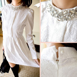 Free shipping 2013 New arrival  plus size stand collar rhinestone slim lace long-sleeve women's fashion White elegant dress S-XL