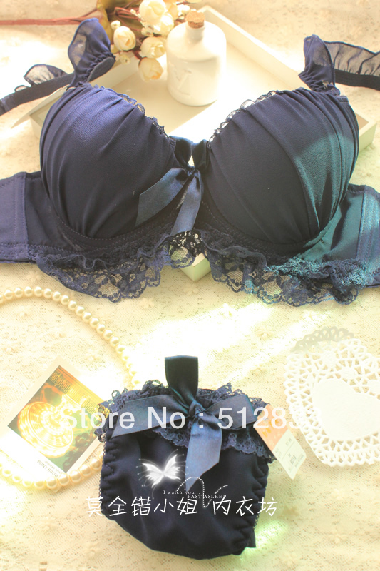 free shipping 2013 new arrival Sexy chiffon pleated lace 3 breasted side gathering push up bra set   3/4 cup