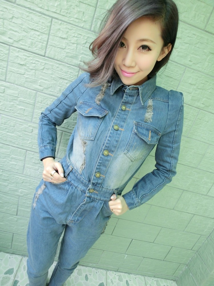 Free shipping 2013 new arrival sty nda long-sleeve hole denim jumpsuit jeans