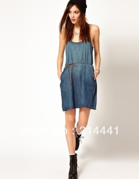 Free Shipping  2013 New Arrival Summer New Leather Cord Waist Cotton Denim Vest Dress Cowboy Wholesale Retails