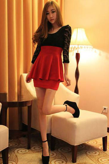 Free Shipping 2013 New arrival Sunfa Women's Sexy Lace Dress,Fashion Cotton Above Knee Dress