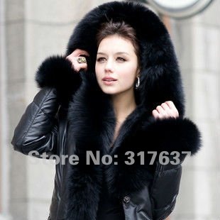 Free Shipping,2013 New Arrival,Women Real Lamb Leather Down Coat With Huge Fox Fur Rim Hood Wholesale & Retail#11314