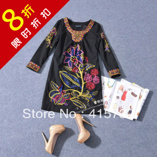 Free Shipping 2013 New Autumn And Spring Dresses With Embroidery And Sequins Long-sleeve One-piece Personalized Dress For Women