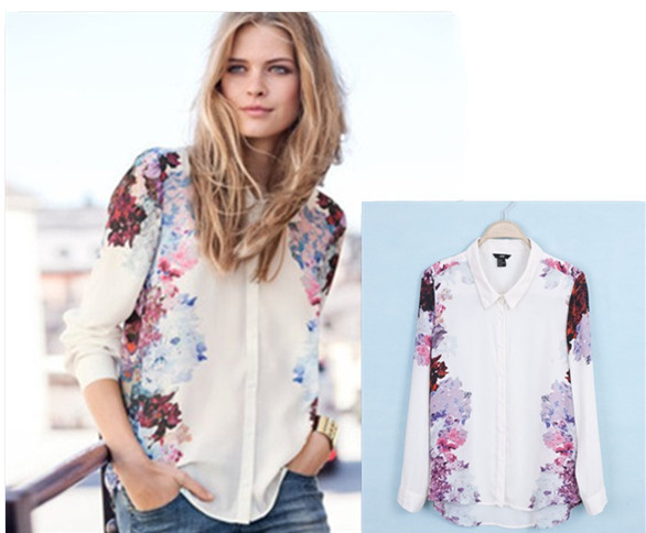 Free shipping/2013 New  Color the flowers printed chiffon long sleeve shirt Acs - 12 -06