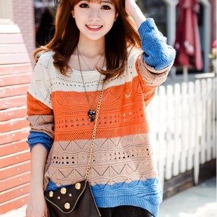 Free shipping+ 2013 new dress woman striped color matching knitting hollow out small round collar sweater