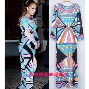 Free shipping 2013 new euramerican amorous feelings geometric gorgeous printing knitted elastic long dress