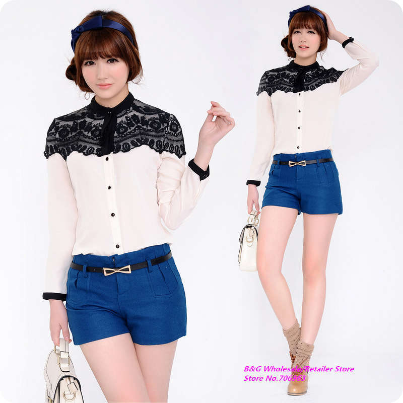 Free shipping,2013 new,Excellent quality,Korean women's new long-sleeved shirt lace neck chiffon shirts,top blouse,&G6073