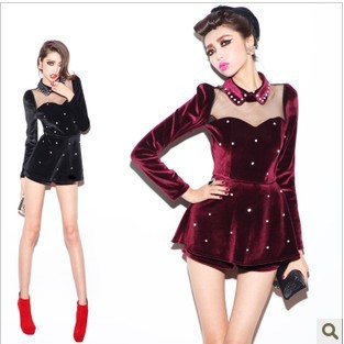 Free shipping 2013 new fashion autumn and winter, Ms. Slim long-sleeved leotard, lapel velvet piece pants jumpsuit shorts-G282