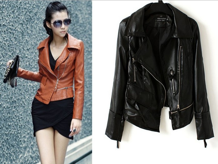 Free Shipping 2013 New Fashion Cool Women's Zipper PU Leather Ladies' Jacket Slim Coat Long Sleeve Turn-down Collar