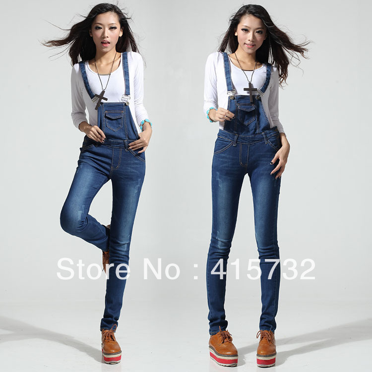 Free Shipping 2013 New Fashion Denim Rompers Women Jeans Jumpsuit Blue Denim Bib Overalls Skinny Suspender Pants For Women