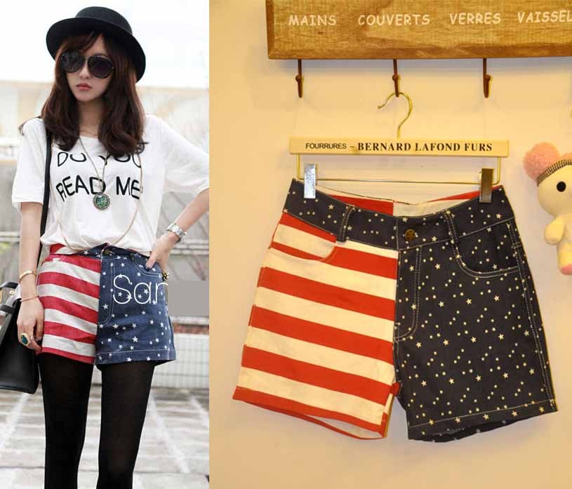 Free Shipping 2013 New Fashion Flag patchwork Women denim Pants Jeans shorts