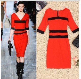 Free shipping 2013 New Fashion V-neck Dress, Knee Length Casul Dresses Color(red/green) 6136