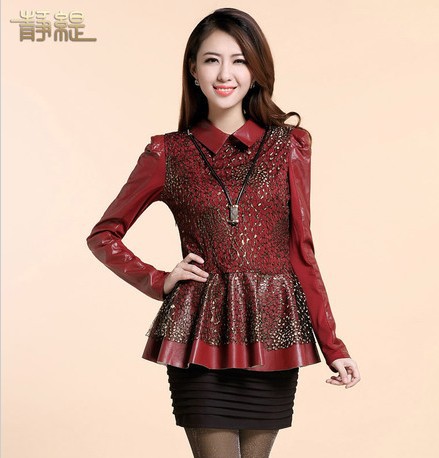 Free Shipping 2013 New fashion Western style Sexy women genuine sheepskin leather jacket dress long sleeve bud silk skirt L-3XL