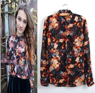 Free Shipping 2013 New Fashion Women Chiffon Sexy Blouse Loose Shirt Elegant Long Sleeve Floral Printing Tops Uppers For Lady