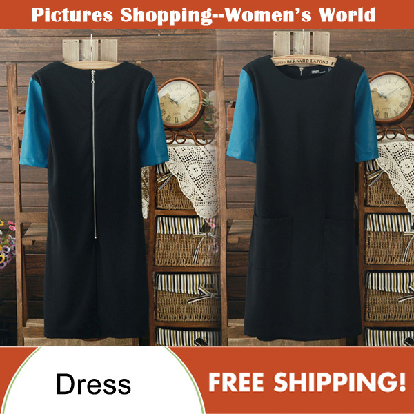 Free shipping!2013 new Fashion women's clothing leather sleeve back zipper ladies dresses with two pockets  PS0029