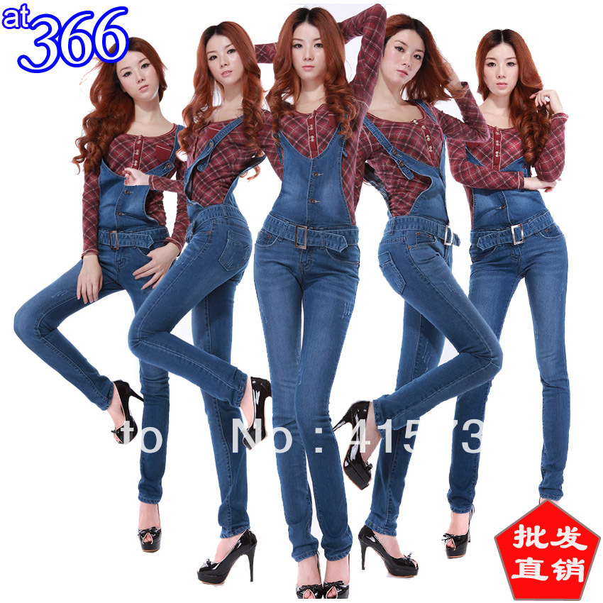 Free Shipping 2013 New Fashion Women's Cotton Casual Pants Female Plus size Suspenders Slim Denim Jeans Overalls Ladies'Trousers