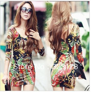 free shipping 2013 new fashion women's double V-neck sexy cotton dress, flowers print casual dress, dresses