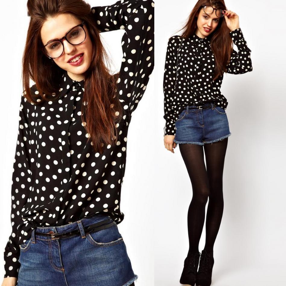 free shipping 2013 new fashion women's long-sleeve white dot casual blouse shirts women chiffon shirts , black