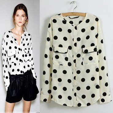 Free Shipping 2013 New Fashion Women Spot Printing Chiffon Shirt Loose Blouse Casual Long Sleeve Tops For Ladies