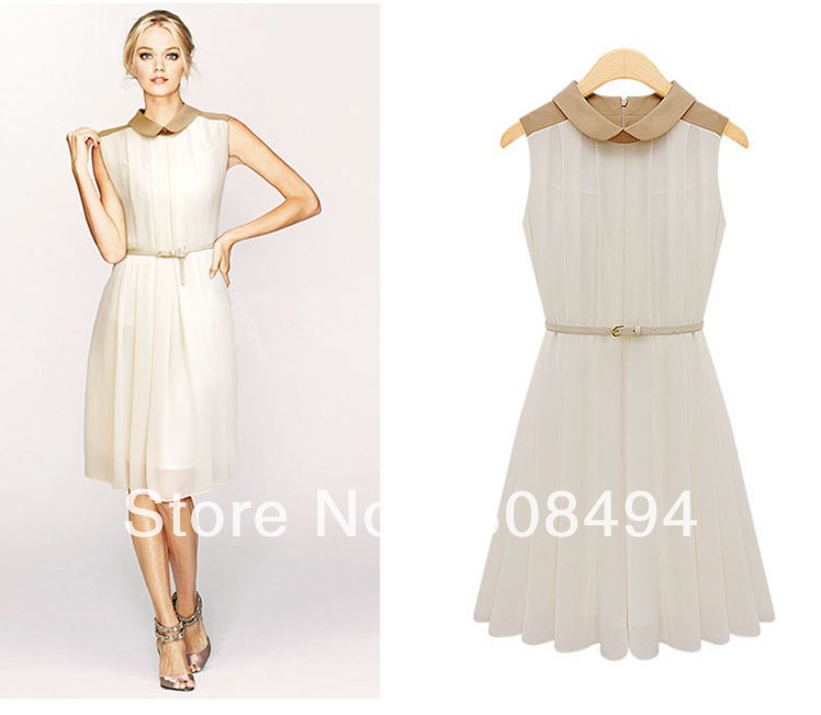 Free shipping!2013 New fashon women casual solid color chiffon dress Pleated skirt Knee length sleeveless dresses,QN462