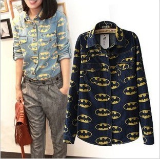 Free shipping!2013 New fashon womens fashion blouse Batman print denim long sleeve collar denim shirt for women,LF1196