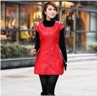 Free shipping!2013 new female grows dress pu leather dress leather skirt zipper round collar coat epaulette collars