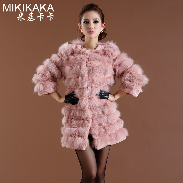 Free Shipping 2013 New Hot Rabbit fur fox fur o-neck fur Women medium-long slim outerwear W10