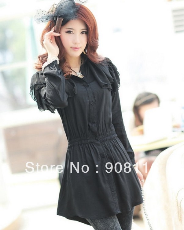 Free shipping,2013 new Hot sell Korean women's black long slim casual shirts,ladies fashion cotton Blouses,top ,X2743