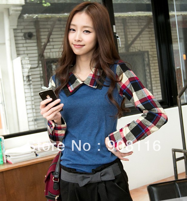 Free shipping,2013 new Hot sell Korean women's fake two-piece long sleeve t shirt,ladies casual cotton shirts,X2742