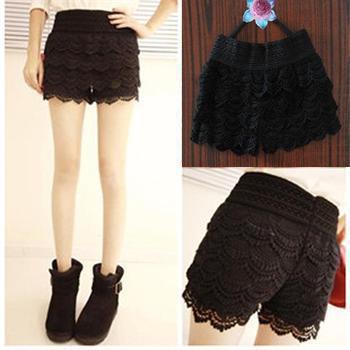 Free shipping 2013 new Korean fashion women sweet lovely black crochet layered lace shorts